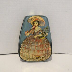 Vintage George Horner Crinoline Woman Pekingese Dog Tin Cobalt Blue Pink Flowers